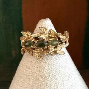 Vintage 18K Gold filled  Sculptural Leaf Ring with Green Cabochon Stones
